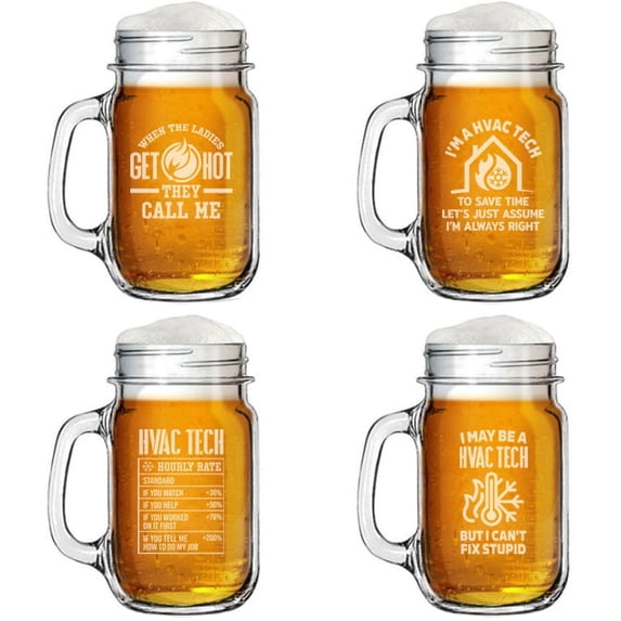 Set of 4 Glass 16oz Mason Jar Glass Mug w/Handle Gift HVAC Tech Collection