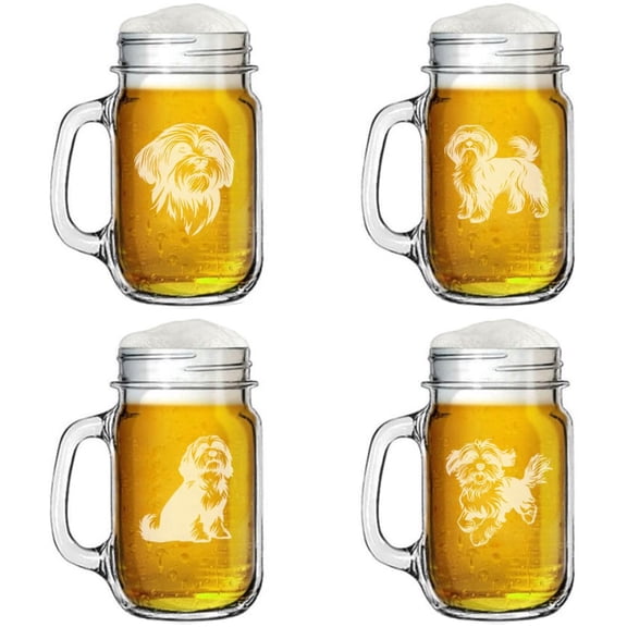 Set of 4 Glass 16oz Mason Jar Glass Mug w/Handle Gift Havanese Dog Collection