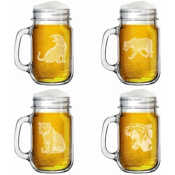 Set of 4 Glass 16oz Mason Jar Glass Mug w/Handle Gift Jaguar Collection