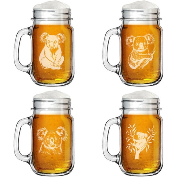 Set of 4 Glass 16oz Mason Jar Glass Mug w/Handle Gift Koala Collection