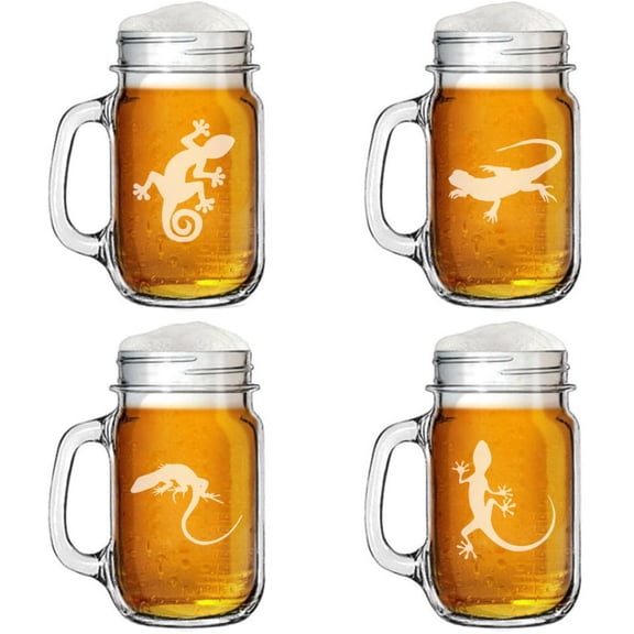 Set of 4 Glass 16oz Mason Jar Glass Mug w/Handle Gift Lizard Collection