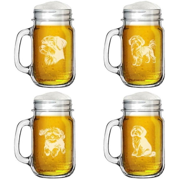 Set of 4 Glass 16oz Mason Jar Glass Mug w/Handle Gift Maltese Collection