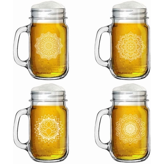 Set of 4 Glass 16oz Mason Jar Glass Mug w/Handle Gift Mandala Collection