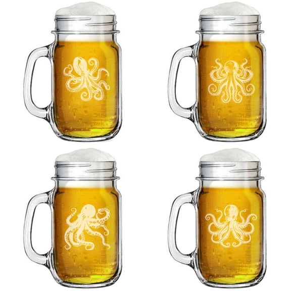 Set of 4 Glass 16oz Mason Jar Glass Mug w/Handle Gift Octopus Collection
