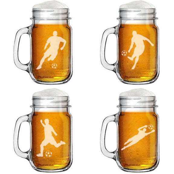 Set of 4 Glass 16oz Mason Jar Glass Mug w/Handle Gift Soccer Players Collection