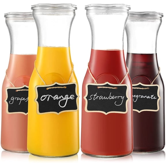 Set of 4 Glass Carafe with Lid, 1 Liter Beverage Serveware Carafe, Clear Pitcher for Mimosa Bar, Brunch, Cold Water, Juice, Milk, Iced Tea, Lemonade
