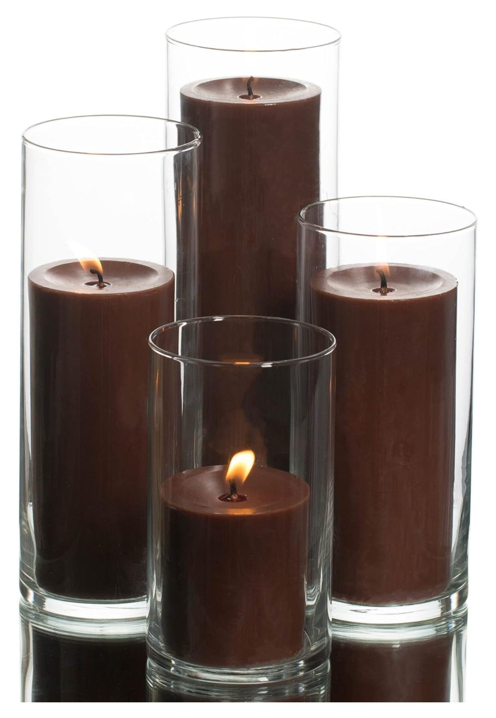 Set of 4 Glass Eastland Cylinder Vases and 4 Pillar Candles 3" Brown