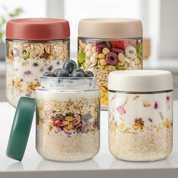 Set of 4 Glass Overnight Oats Jars with Lids, 16oz Reusable Meal Prep Containers for Chia Pudding, Baby Food, and Portable Breakfast To-Go