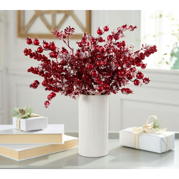 Set of 4 Glitter Berry and Boxwood Picks by Valerie in Red