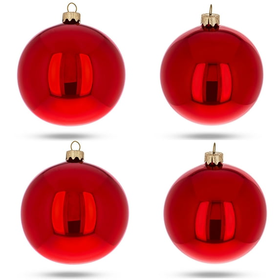 Set of 4 Glossy Red Glass Ball Christmas Ornaments 4 Inches