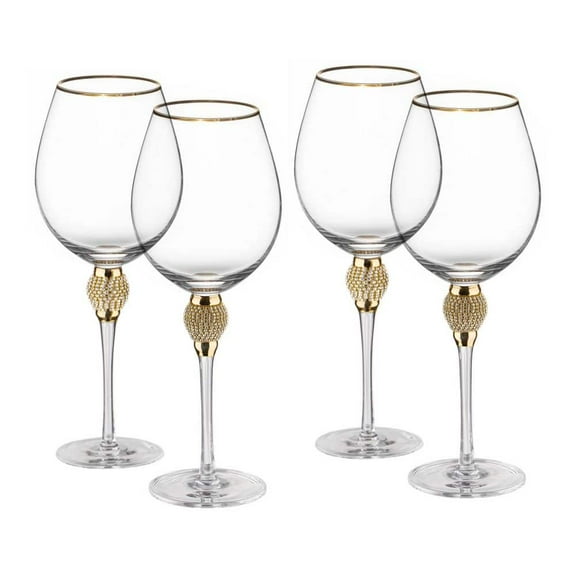 (Set of 4) Gold-Rimmed Red Wine Glasses with Diamond Rhinestone Accent 18 oz. 10 in. Tall