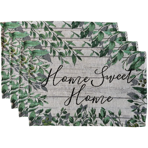Set of 4, Green Leaf with Home Sweet Home Tapestry Placemats for Kitchen Dining Table Mats, Easy to Clean, Machine Washable. Size: 13" x 19".