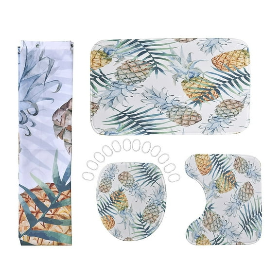 Set of 4 Green Pineapple Pattern Bathroom 100% Polyester Shower Curtain Floor Mat Toilet Cover Toilet Mat Birthday Christmas Gifts