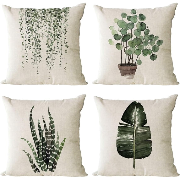 Set of 4 Green Plants Decorative Throw Pillow Covers 12x12 Inch Linen Square Pillow Cases Outdoor Sofa Couch Home Bed Decor Cushion Covers (12 by 12)