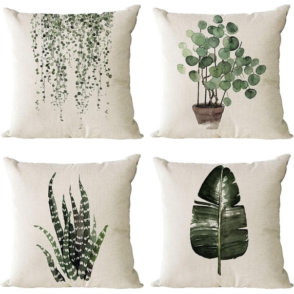 Set of 4 Green Plants Decorative Throw Pillow Covers 16x16 Inch Linen Square Pillow Cases Outdoor Sofa Couch Home Bed Decor Cushion Covers (16 by 16)