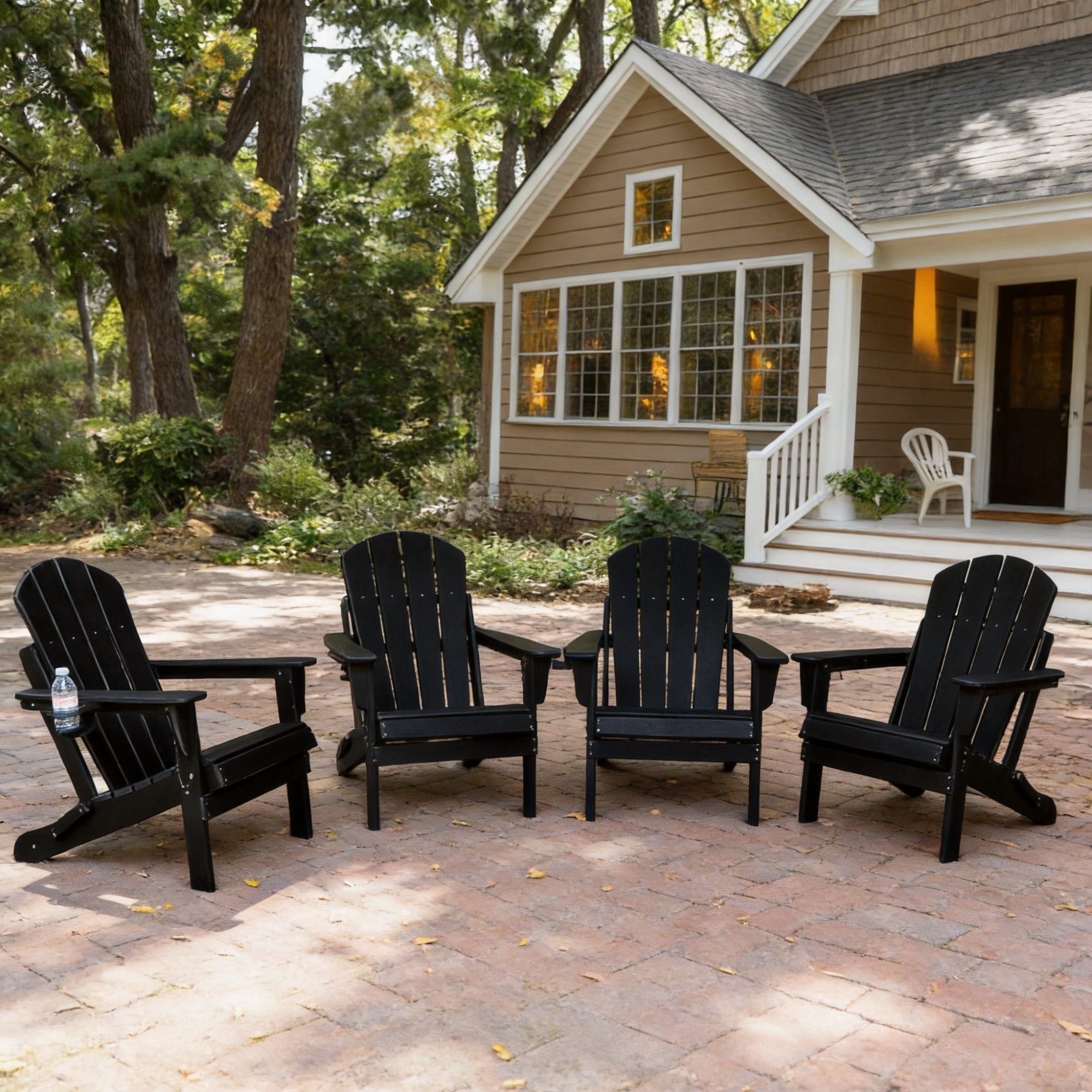 Set of 4 HDPE Folding Adirondack Chair with Cup Holder, Composite Wood Texture Outdoor Chair for Patio, Garden, Poolside, Deck, Backyard, Black