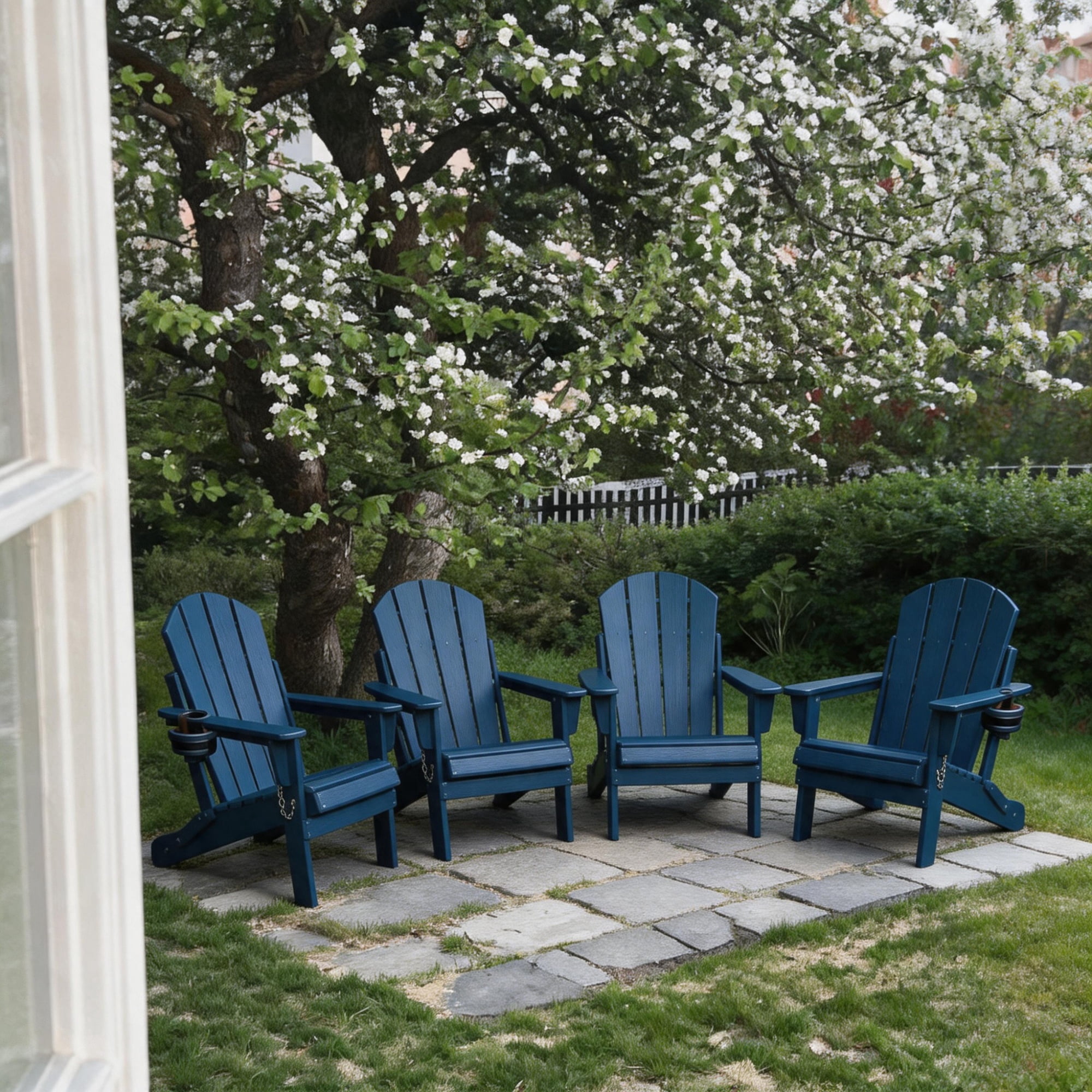 Set of 4 HDPE Folding Adirondack Chair with Cup Holder, Composite Wood Texture Outdoor Chair for Patio, Garden, Poolside, Deck, Backyard, Navy Blue
