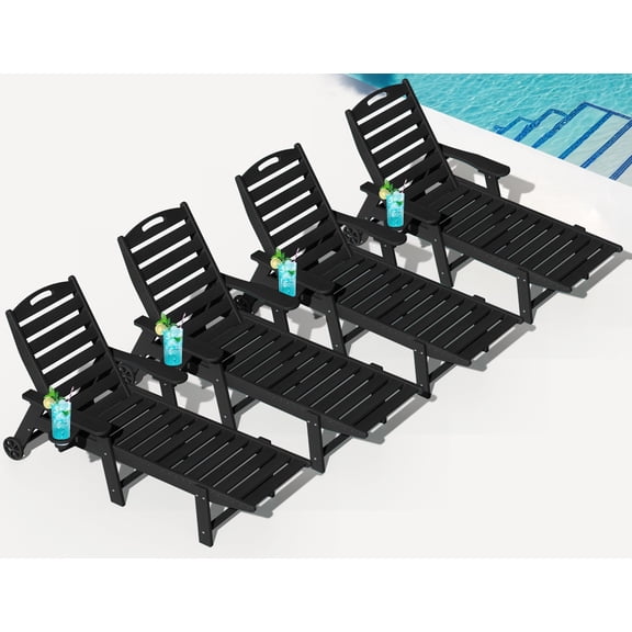 Set of 4 HDPE Outdoor Chaise Lounge Chair, Rolling Pool Lounger, Black