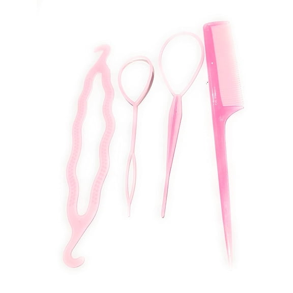 Set of 4 Hair Styling Tools 2 Topsy Tails Bun Maker and Hair Twist Styling Chignon Rat Tail Parting Comb (Pink)