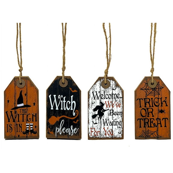 Set of 4 Halloween Hanging Ornaments Wooden Blocks Witch Trick Or Treat Signs Decor 6" x 3.3