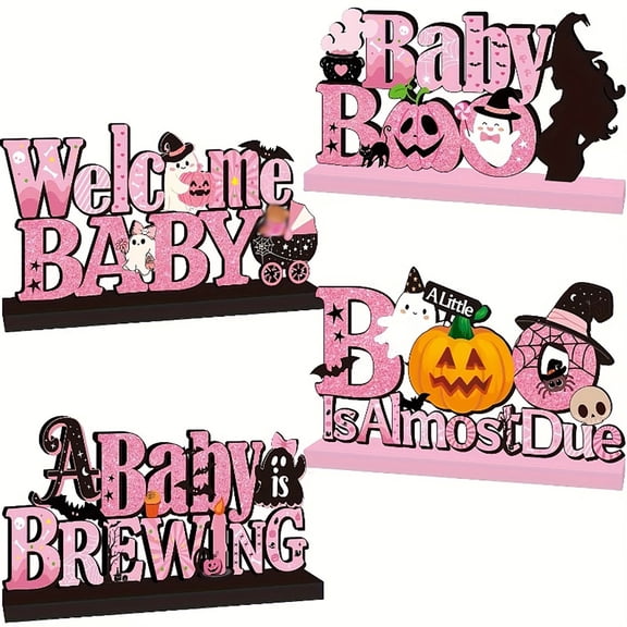 Set of 4 Halloween Wooden Pumpkin Letter Ornaments with Bases - Purple - Rustic Fall Decor for Desktop, Shelf, or Tabletop Displays