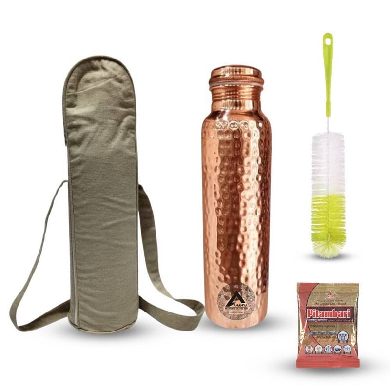 Set of 4 Hammered Pure Copper Water Bottle 950 ml, Cleaning Brush, Cotton Carry Bag Pitambari For Ayurveda Health Benefits