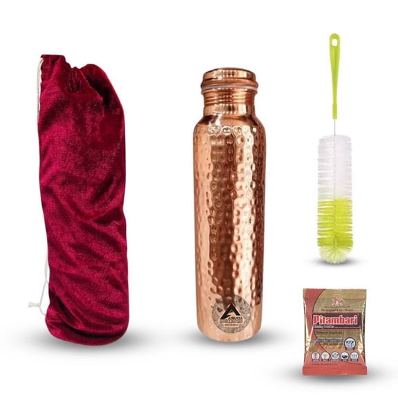 Set of 4 Hammered Pure Copper Water Bottle 950 ml, Cleaning Brush, Velvet Carry Bag Pitambari For Ayurveda Health Benefits