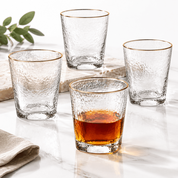 Set of 4 Hammered Rimmed Old Fashioned Rocks Glasses, Triangular Lowball Drinkware