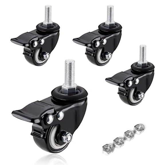 Set of 4 Heavy Duty Swivel Caster Wheels with Brake, 5/16 Inch Threaded Stem Furniture Cart Replacement Casters