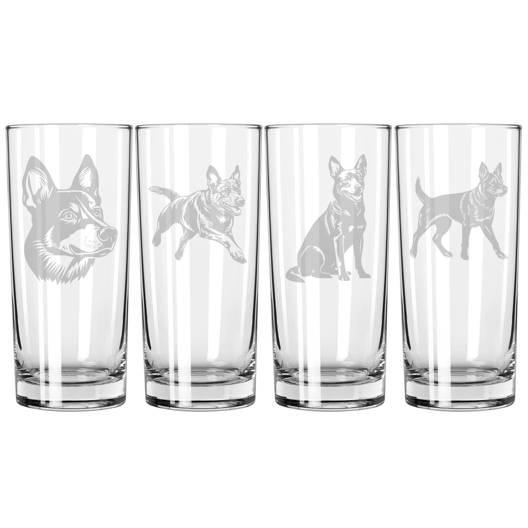 Set of 4 Highball 15 oz Tall Beverage Drinking Glass Tumbler Gift Australian Cattle Dog Blue Heeler Stylized Collection