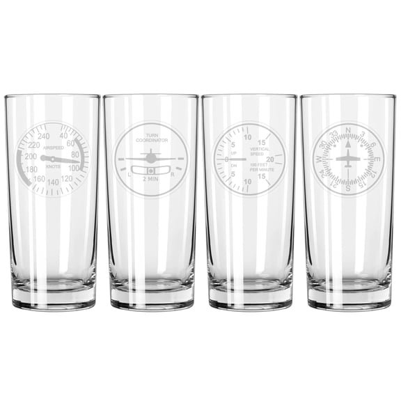 Set of 4 Highball 15 oz Tall Beverage Drinking Glass Tumbler Gift Aviation Instruments Airplane Pilot Collection