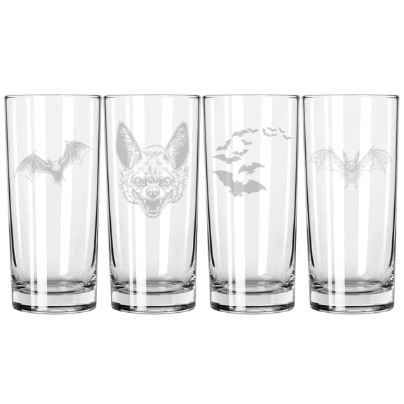 Set of 4 Highball 15 oz Tall Beverage Drinking Glass Tumbler Gift Bat Collection