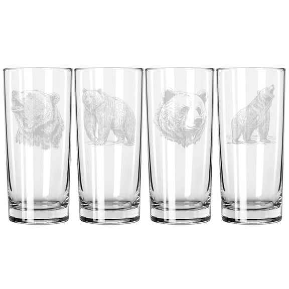 Set of 4 Highball 15 oz Tall Beverage Drinking Glass Tumbler Gift Bear Collection