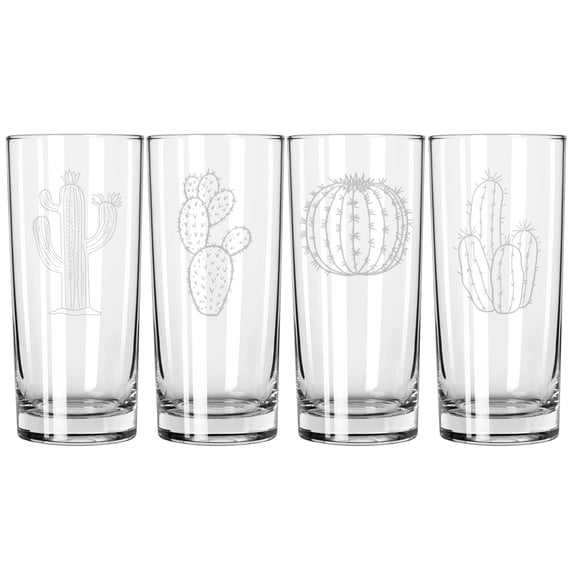 Set of 4 Highball 15 oz Tall Beverage Drinking Glass Tumbler Gift Cactus Collection
