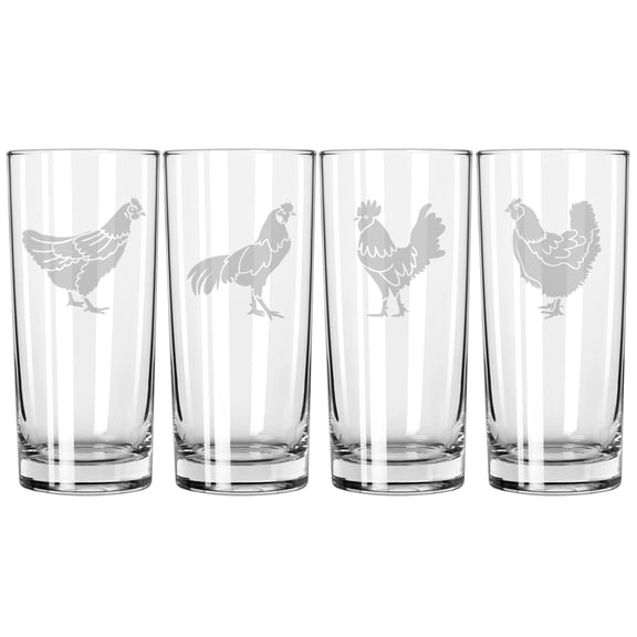 Set of 4 Highball 15 oz Tall Beverage Drinking Glass Tumbler Gift Chicken Collection