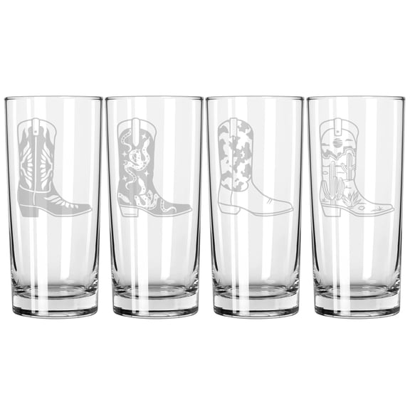 Set of 4 Highball 15 oz Tall Beverage Drinking Glass Tumbler Gift Cowboy Cowgirl Boots Collection Two
