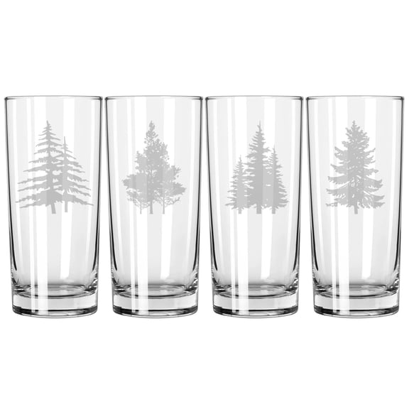 Set of 4 Highball 15 oz Tall Beverage Drinking Glass Tumbler Gift Forest Trees Collection