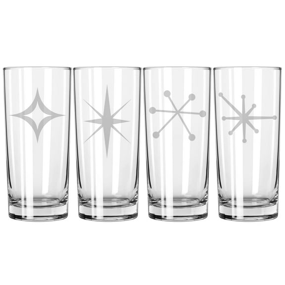 Set of 4 Highball 15 oz Tall Beverage Drinking Glass Tumbler Gift Retro Starbursts Mid Century Modern Art Deco Collection