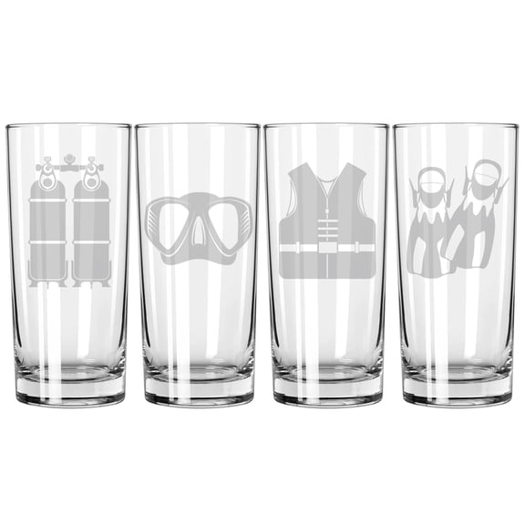 Set of 4 Highball 15 oz Tall Beverage Drinking Glass Tumbler Gift Scuba Diving Diver Gear Equipment Collection