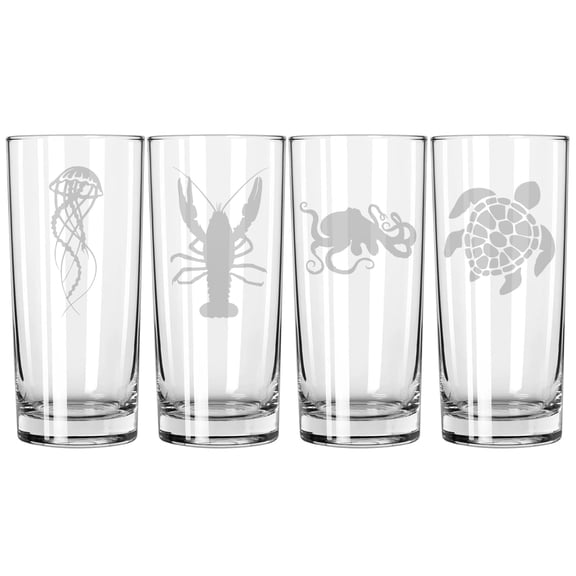 Set of 4 Highball 15 oz Tall Beverage Drinking Glass Tumbler Gift Sea Ocean Life Collection One