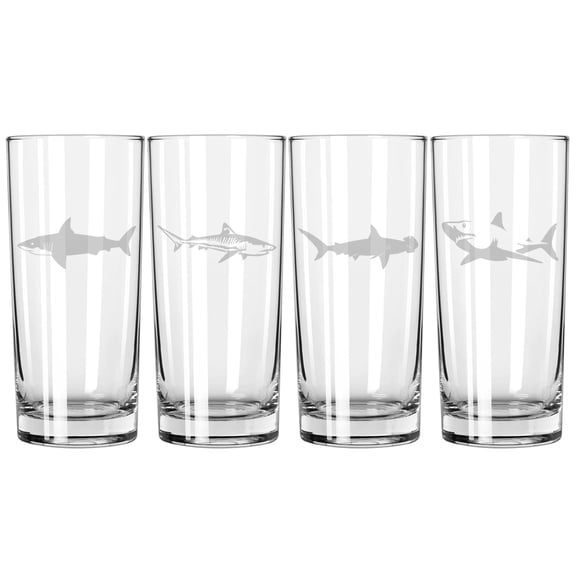 Set of 4 Highball 15 oz Tall Beverage Drinking Glass Tumbler Gift Sharks