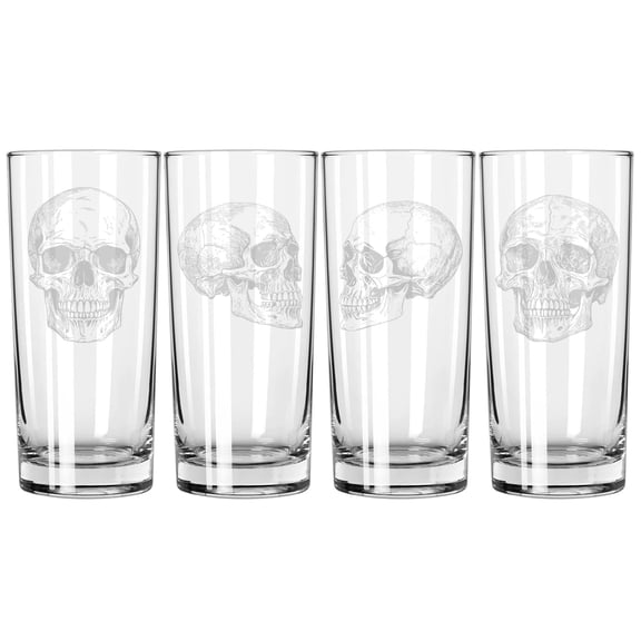Set of 4 Highball 15 oz Tall Beverage Drinking Glass Tumbler Gift Skull Collection