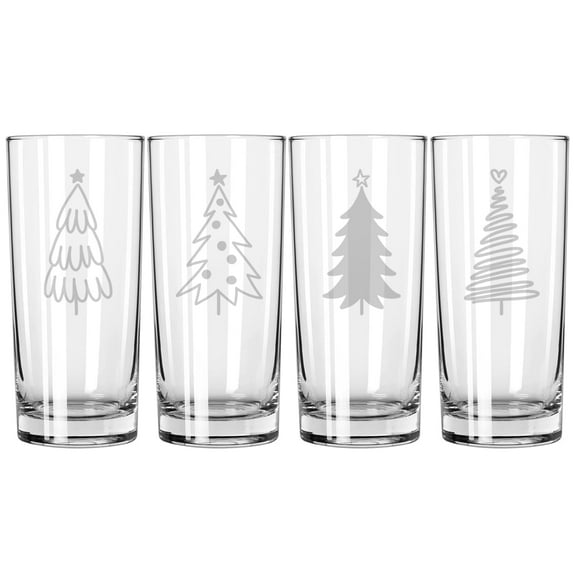 Set of 4 Highball 15 oz Tall Beverage Drinking Glass Tumbler Gift Stylized Christmas Trees Collection