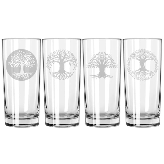 Set of 4 Highball 15 oz Tall Beverage Drinking Glass Tumbler Gift Tree Of Life Collection