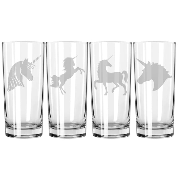 Set of 4 Highball 15 oz Tall Beverage Drinking Glass Tumbler Gift Unicorn Collection