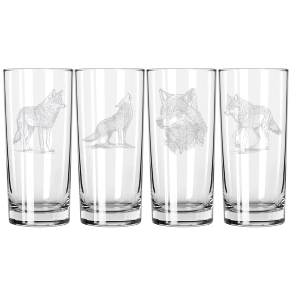 Set of 4 Highball 15 oz Tall Beverage Drinking Glass Tumbler Gift Wolf Collection