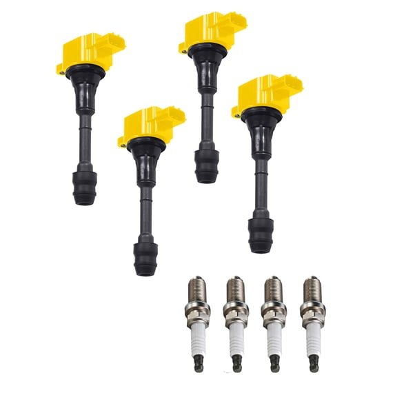 Set of 4 ISA Yellow Ignition Coils and Spark Plugs Compatible with 2007-2015 Nissan Frontier 2.4L Replacement for UF350