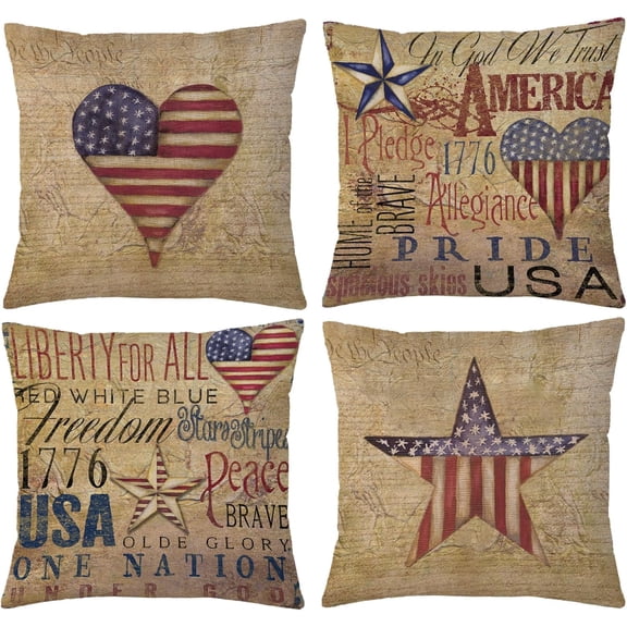 Set of 4 Independence Day Pillow Covers 18 X 18 Inch Patriotic Throw Pillow Covers (Beige Yellow)