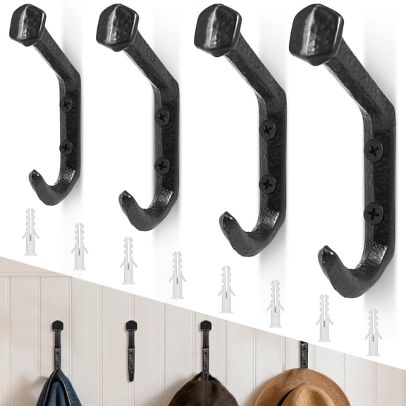 Set of 4 Iron Wall Hook Rustic Heavy Duty Iron Hook for Hanging Decorative with Screws for Coat Key Bag Hat and Hanger Black