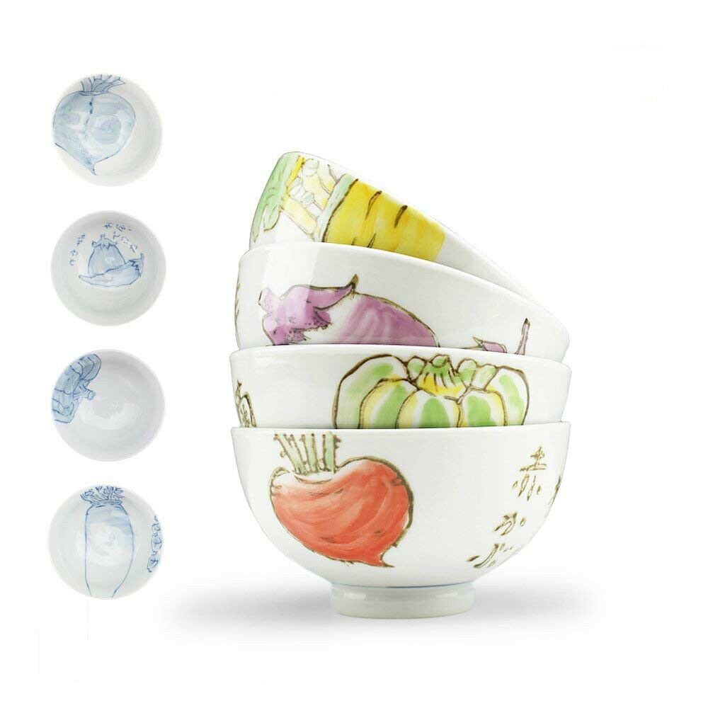 Set of 4, Japanese Porcelain Ceramic Two-sides Hand Painted Motifs Serving Bowls F15714